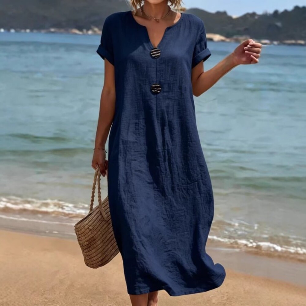 Women's Navy V-Neck Short-Sleeve Relaxed Linen-Look Maxi Dress